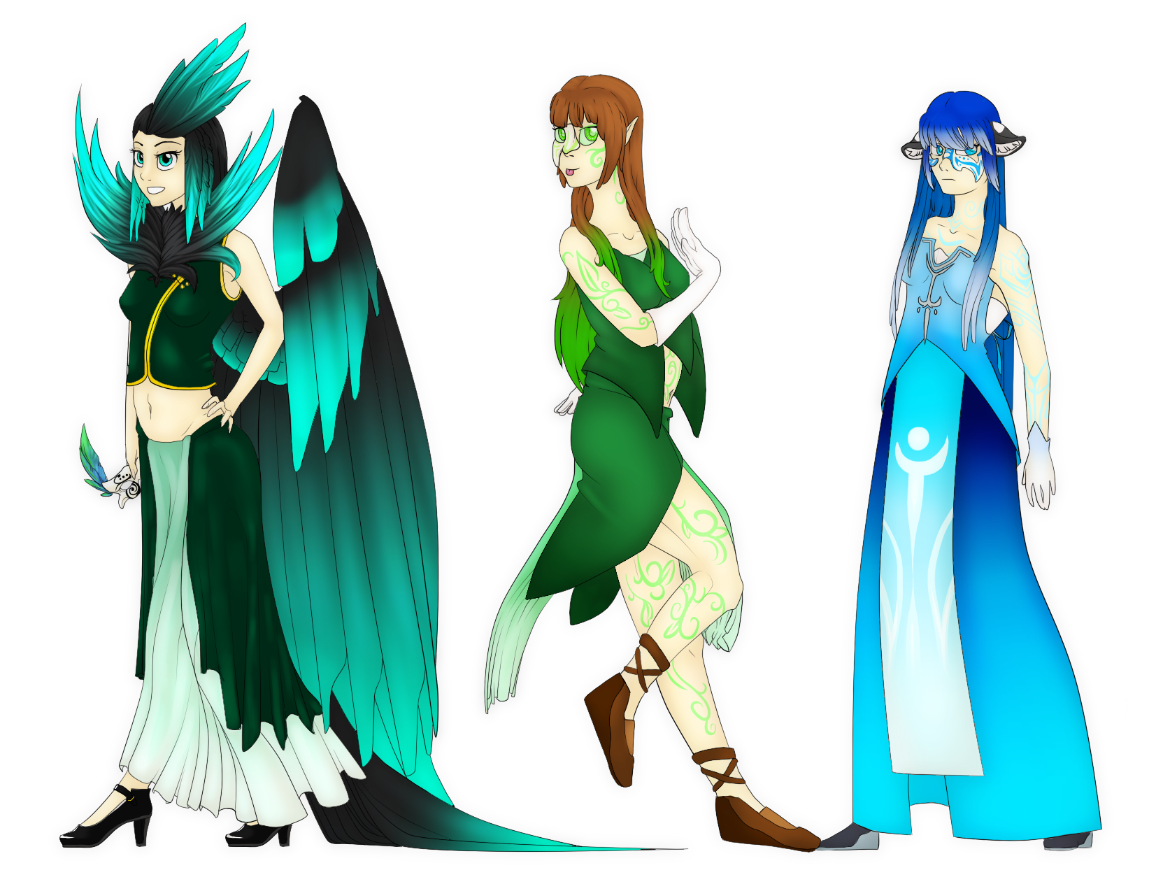Monster Masquerade entries with my OCs Auri, Kat, and Yuki