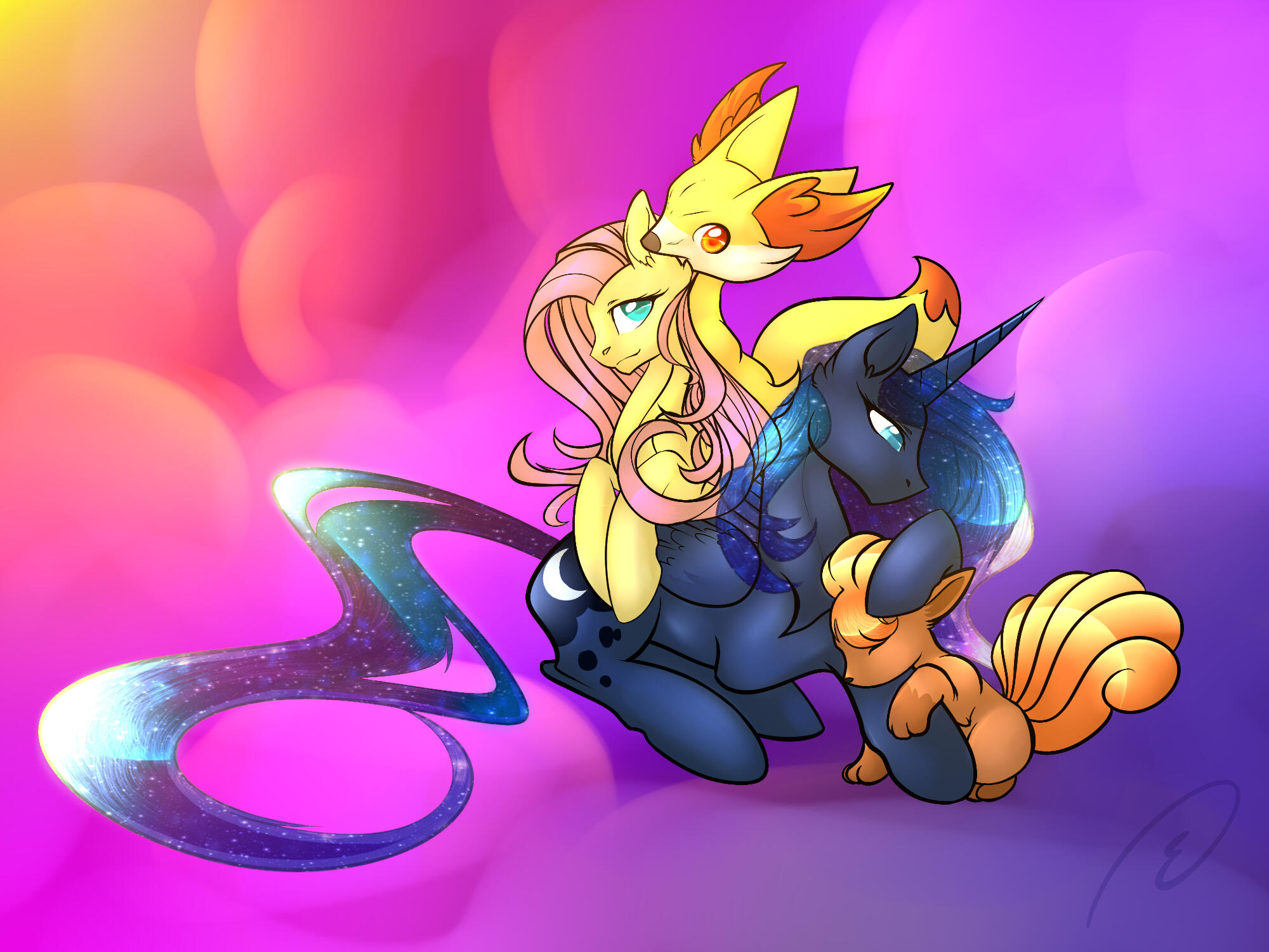 Commission for Ghooostie of Princess Luna and Fluttershy in a cuddlepile with a Fennekin and Vulpix