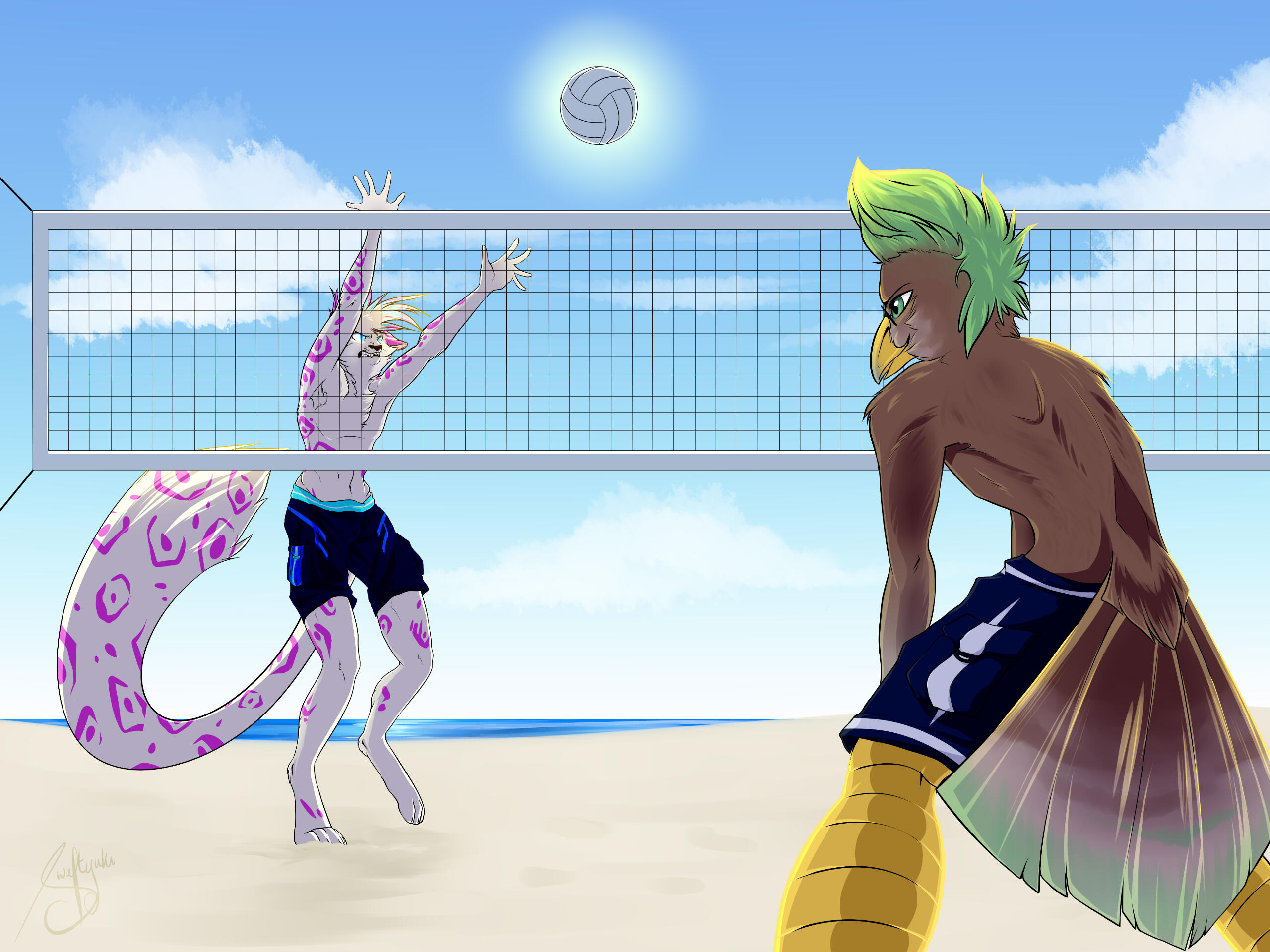 YCH commission for someone of their characters playing volleyball