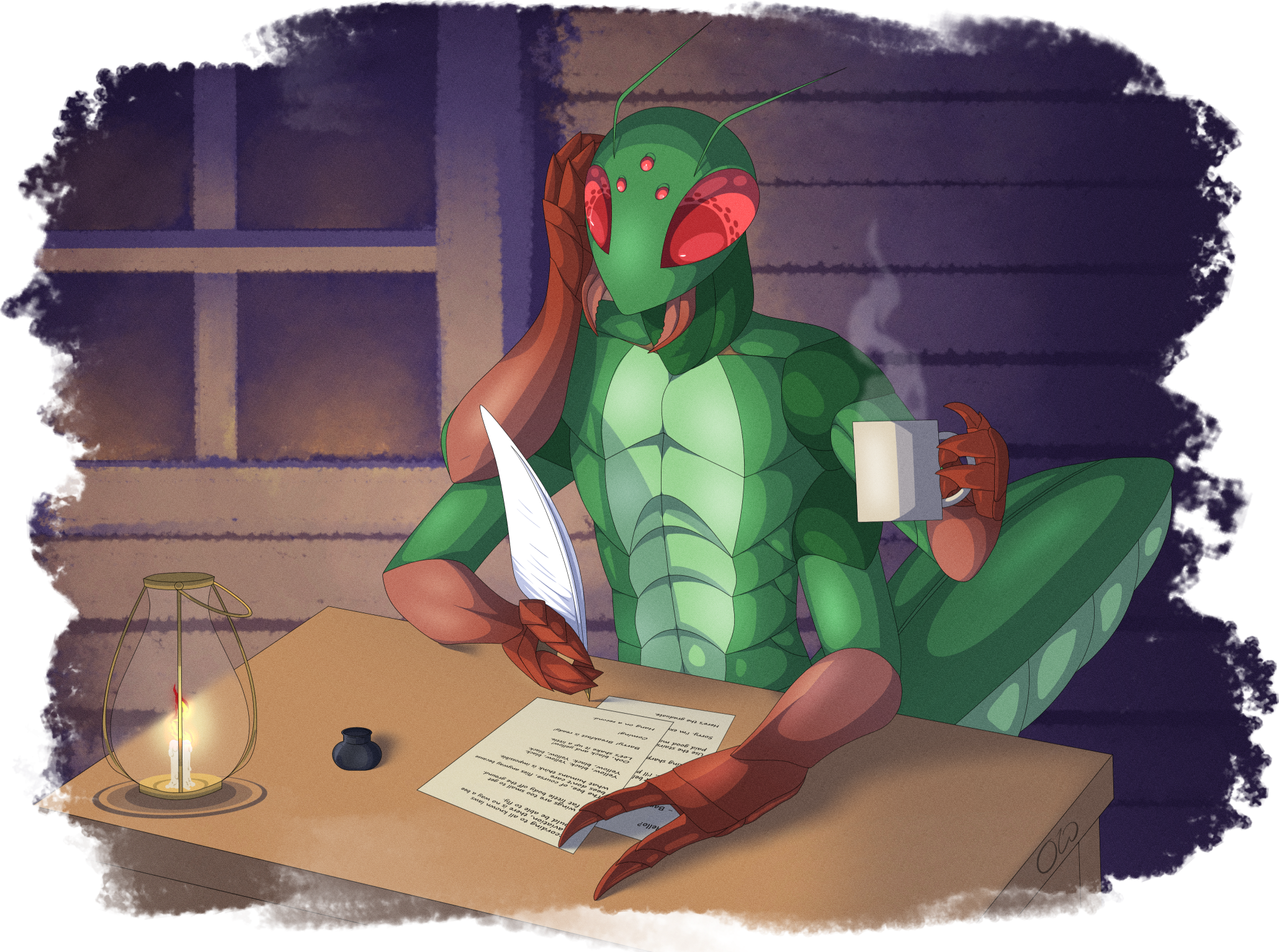 Patreon reward for Athyn of a mantis OC writing up something