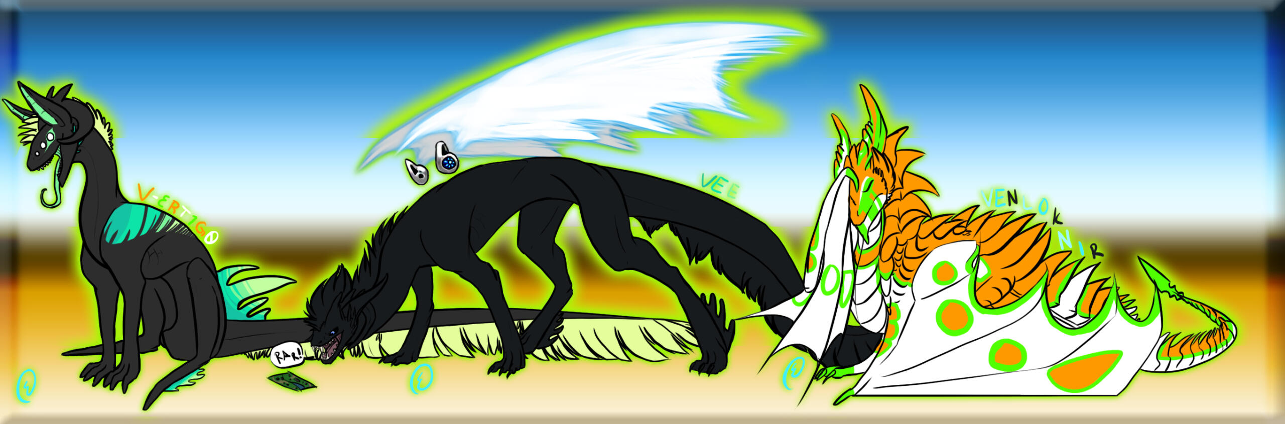 Gift art of a friend&#39;s three OCs under a species swap